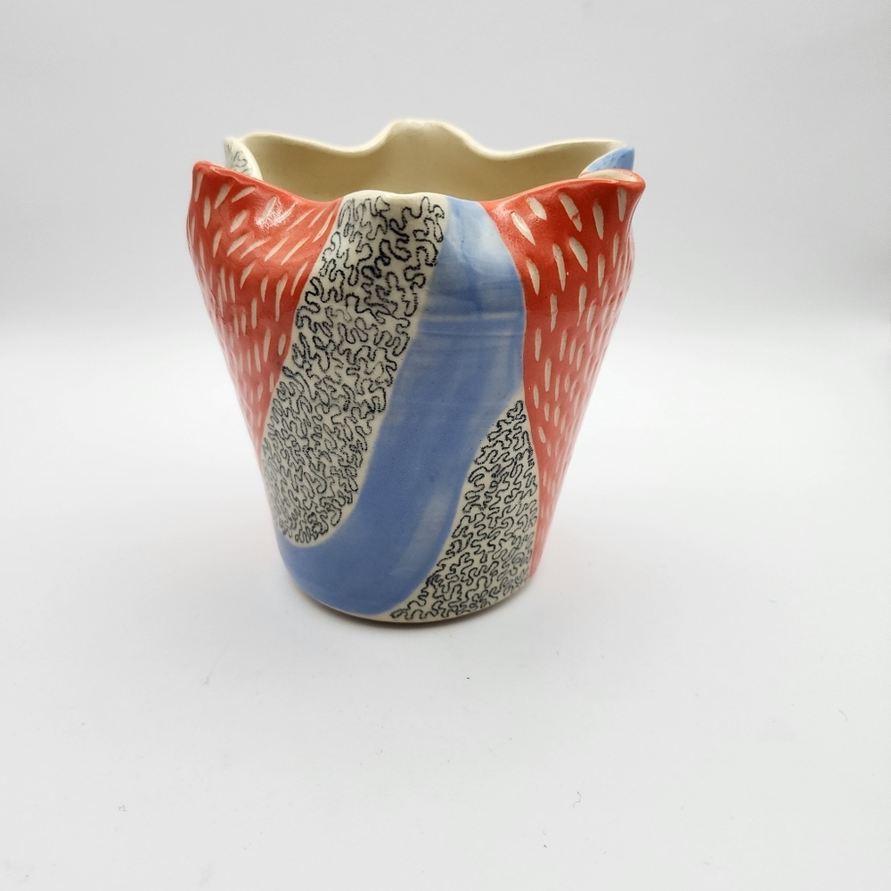 Hand Crafted Artist Signed "!?" Conptemporary Fun Bold Glazed Wavy Finish Vase